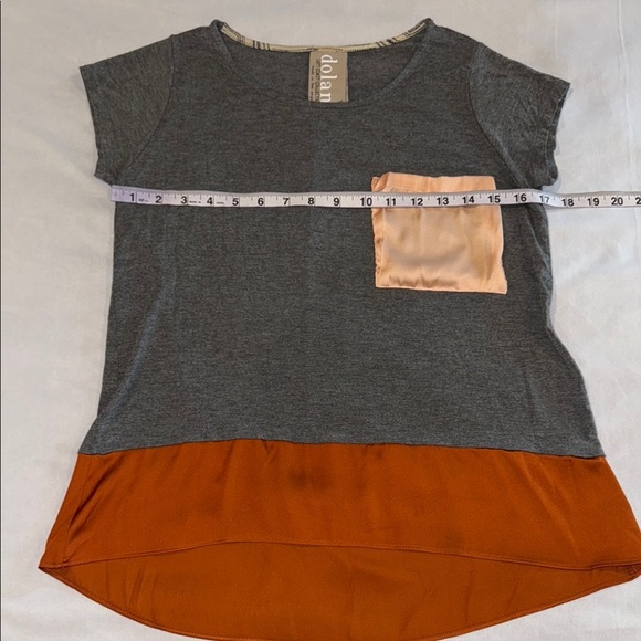 Anthropologie Dolan T Shirt Gray Brown Short Sleeve Pink Pocket Bronze Satin Hem - Picture 6 of 9